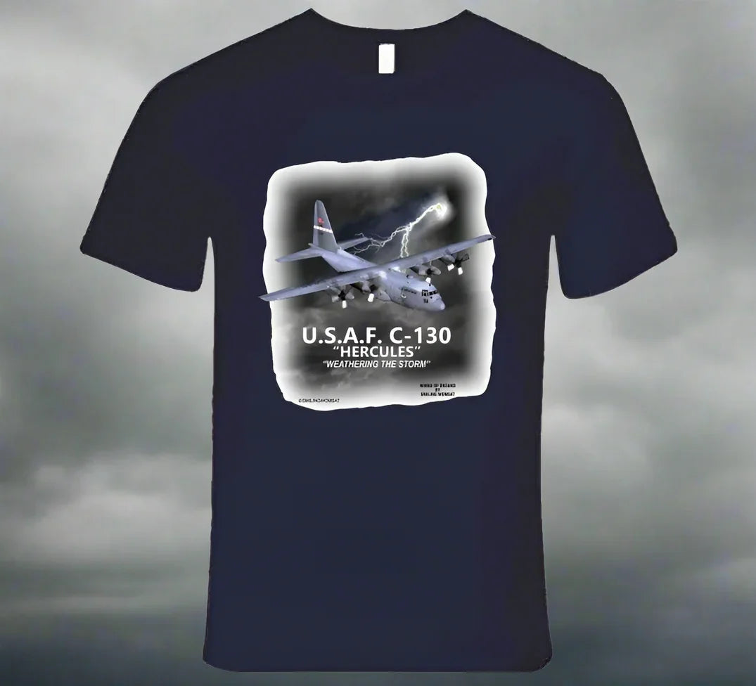 Smiling Wombat exclusive C‑130 Hercules T‑shirt with detailed digital aircraft graphic on premium Navy cotton.